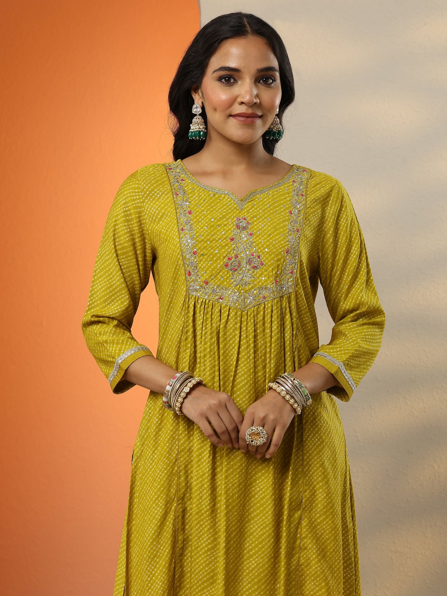 Green Printed Silk blend A-line Suit Set With Dupatta