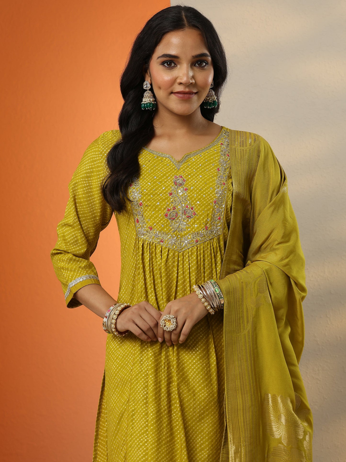 Green Printed Silk blend A-line Suit Set With Dupatta