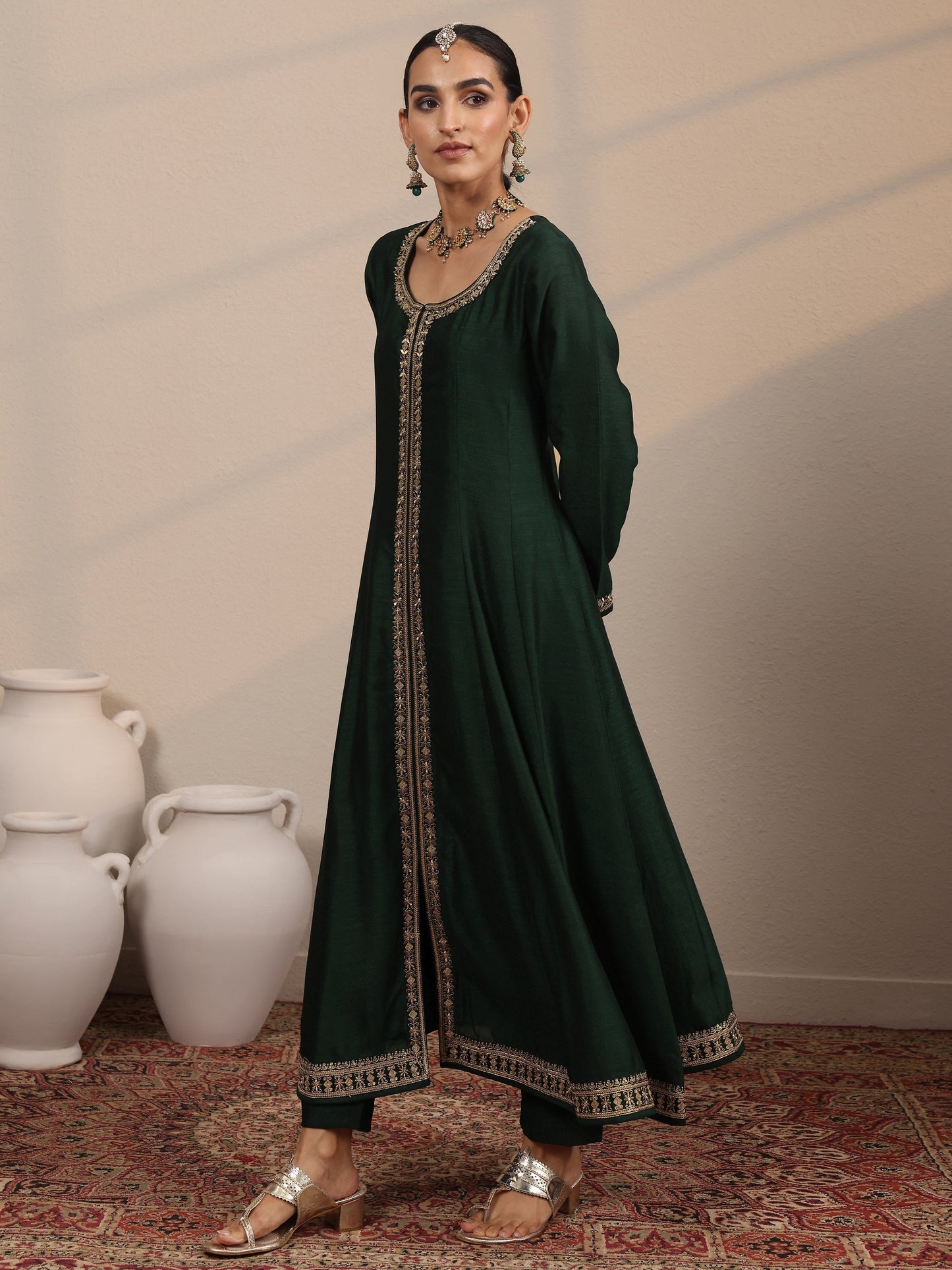 Green Embroidered Silk Blend  A-Line Suit Set With Dupatta