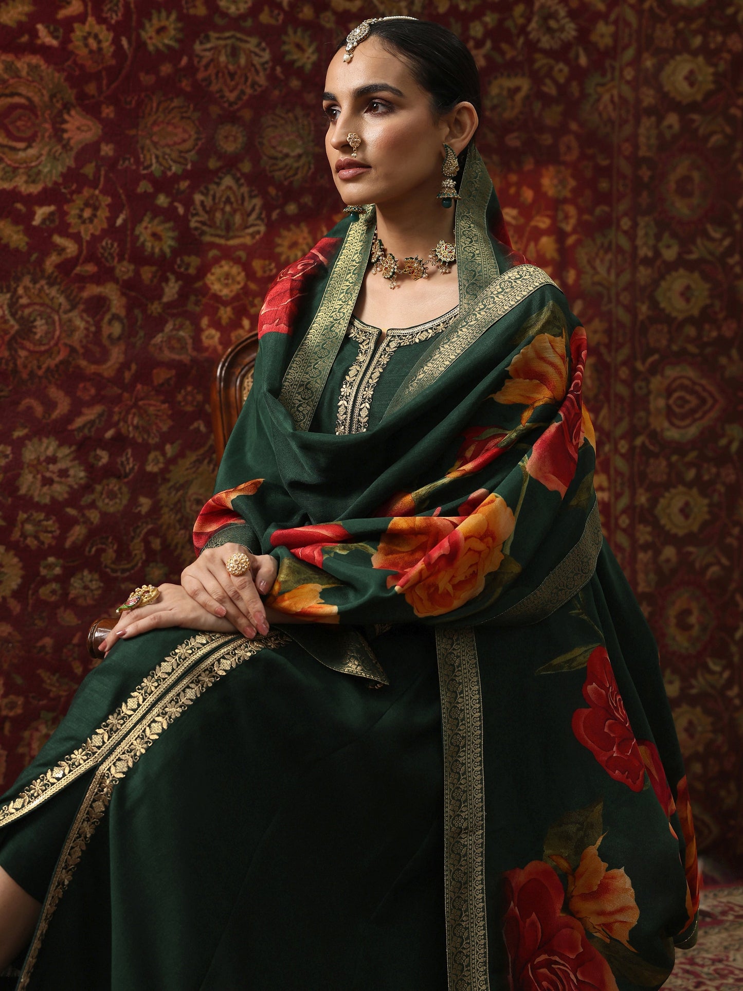 Green Embroidered Silk Blend  A-Line Suit Set With Dupatta
