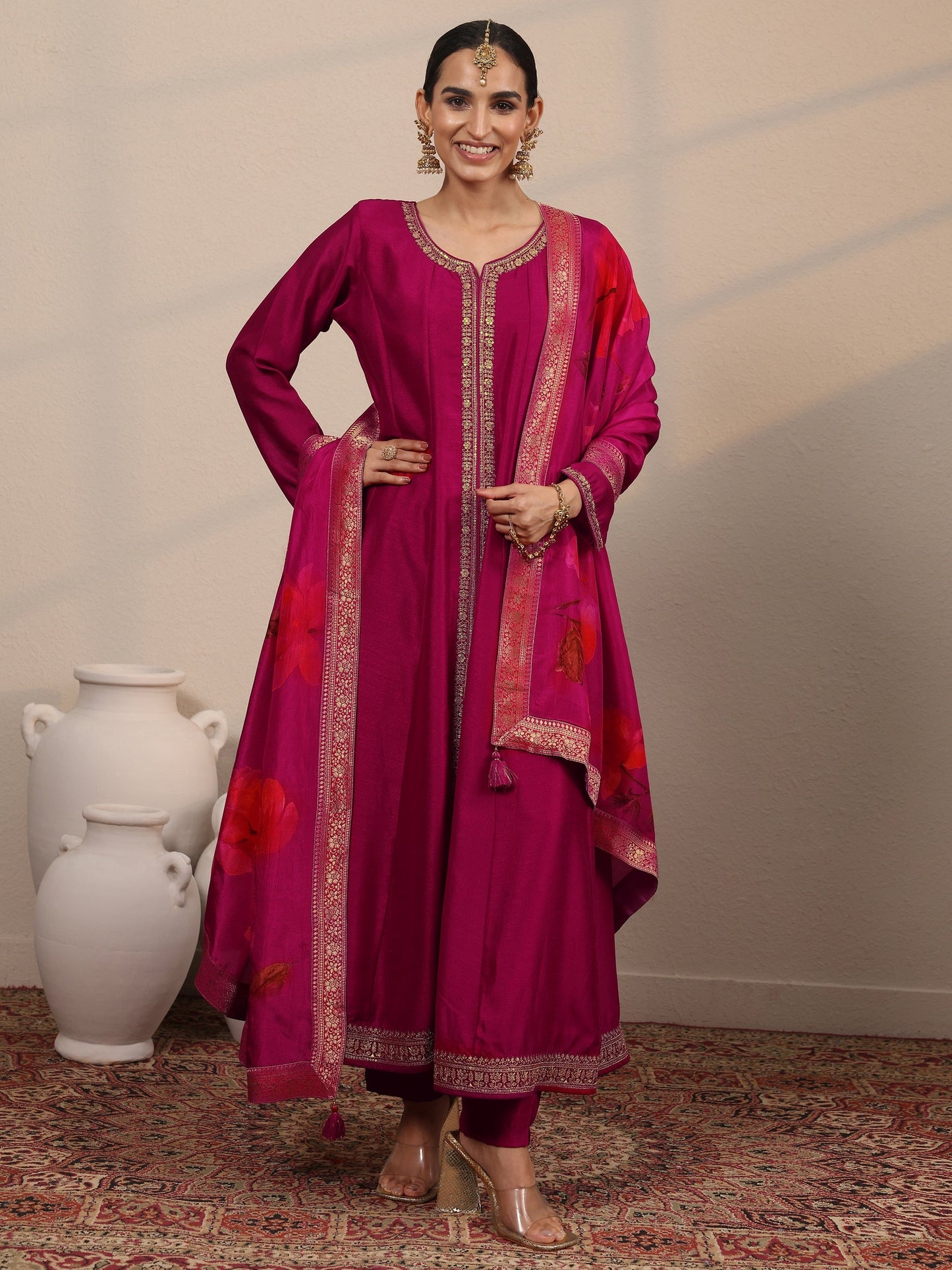 Magenta Embroidered Silk Blend  A-Line Suit Set With Dupatta