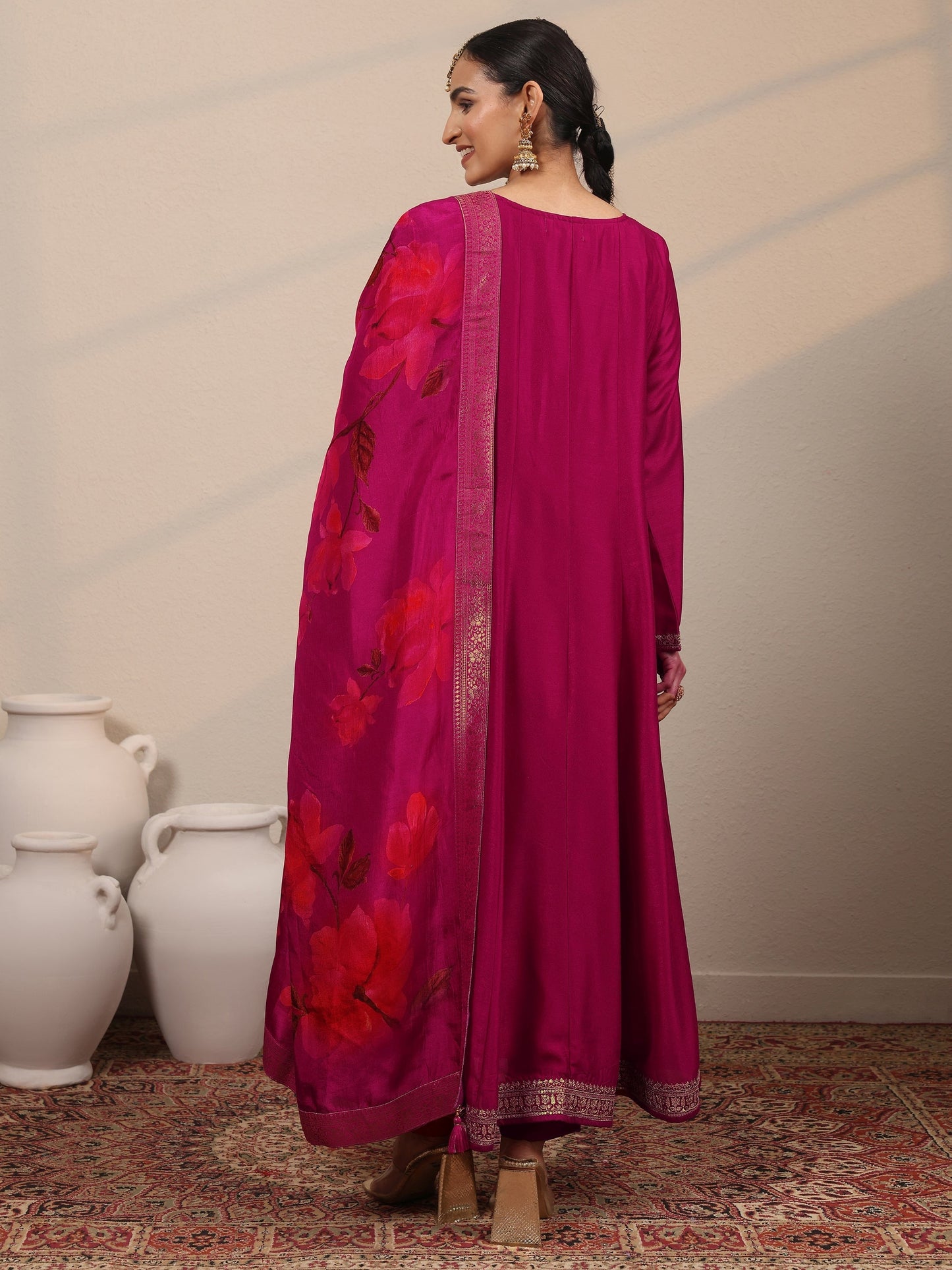 Magenta Embroidered Silk Blend  A-Line Suit Set With Dupatta