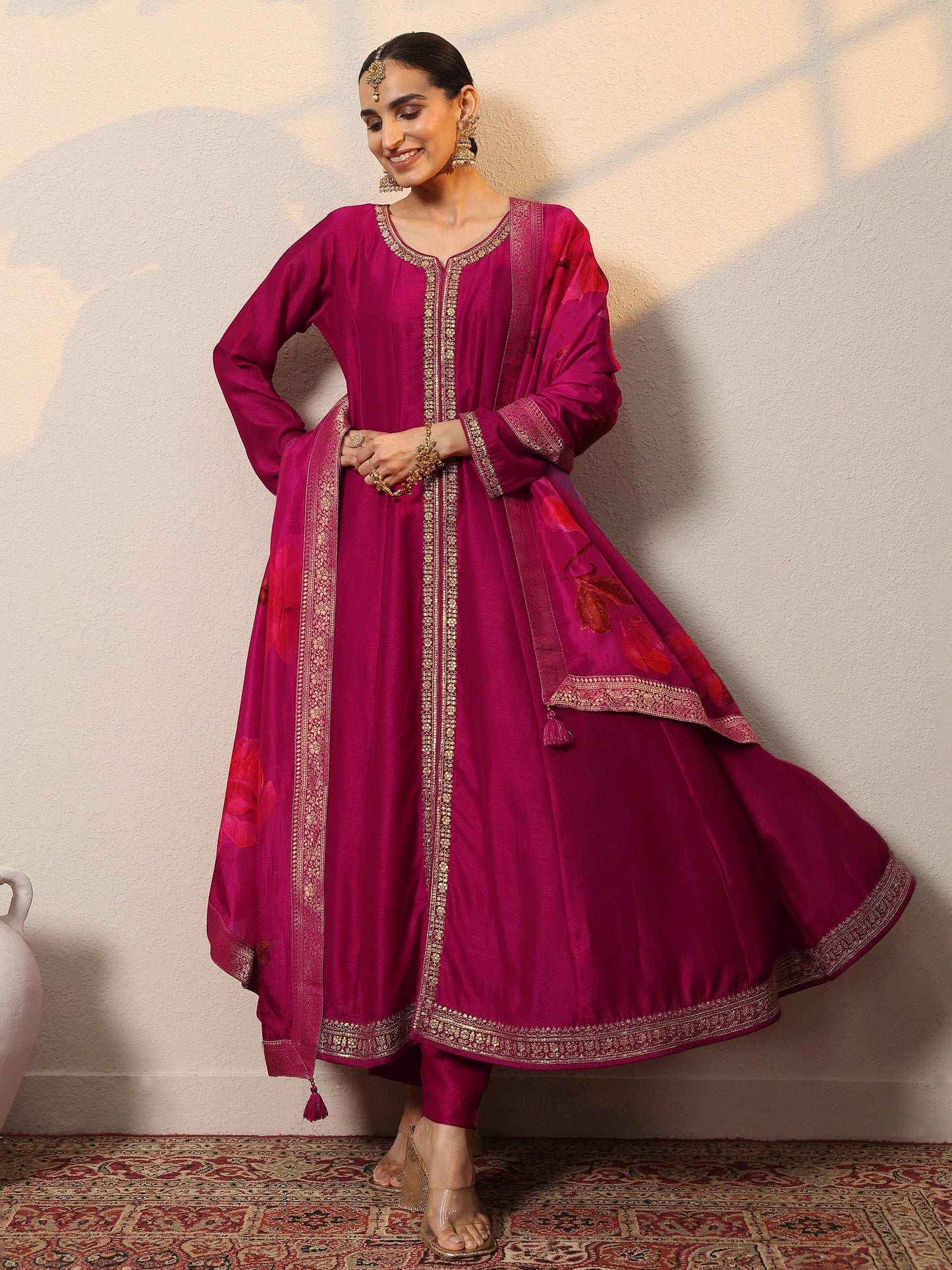 Magenta Embroidered Silk Blend  A-Line Suit Set With Dupatta
