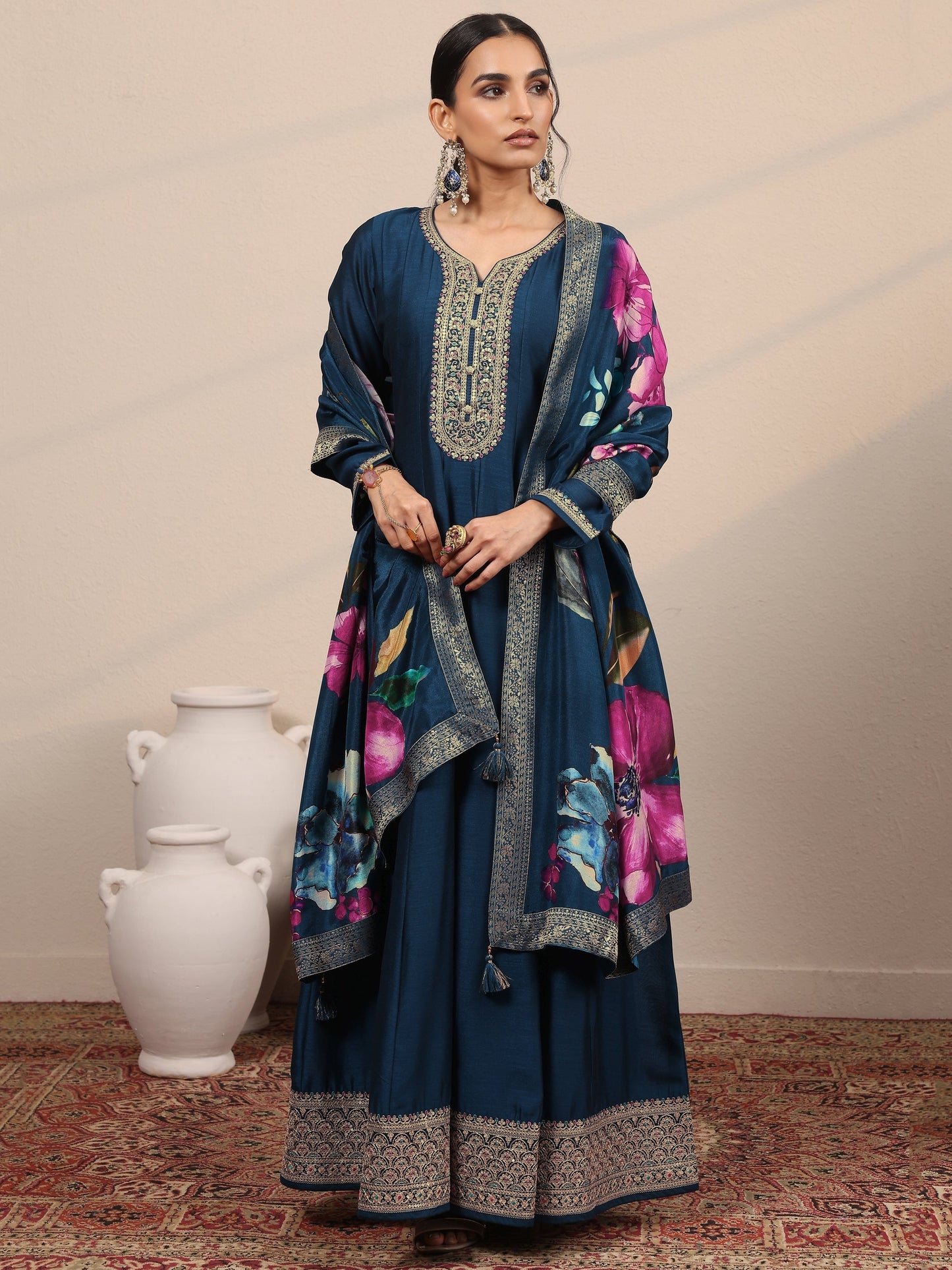 Navy Blue Embroidered Silk Blend A-Line Gown With Dupatta