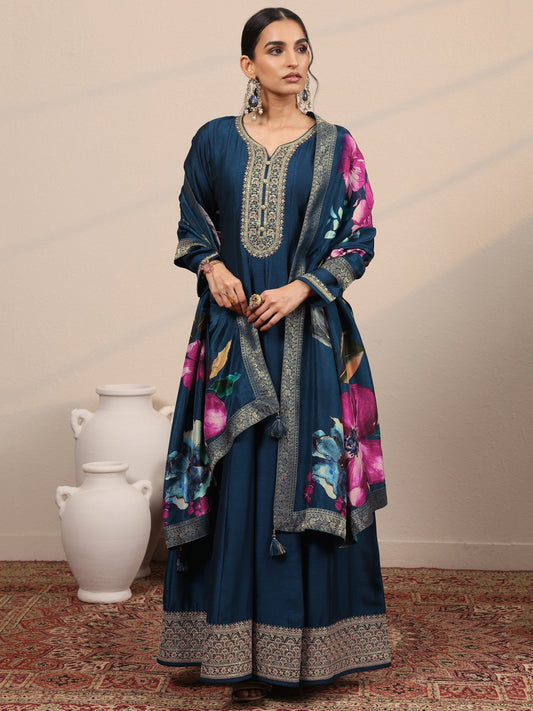 Navy Blue Embroidered Silk Blend A-Line Gown With Dupatta