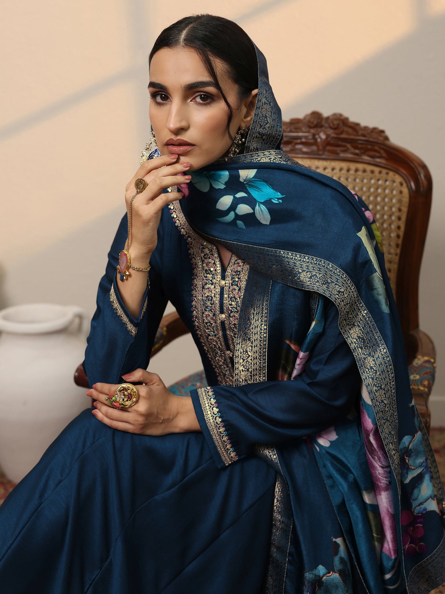 Navy Blue Embroidered Silk Blend A-Line Gown With Dupatta