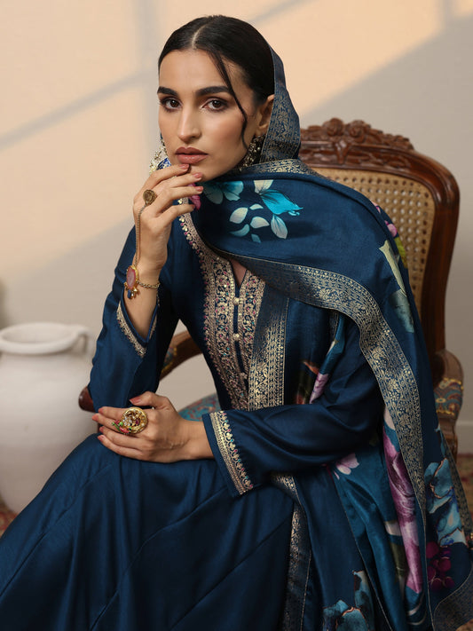 Navy Blue Embroidered Silk Blend A-Line Gown With Dupatta