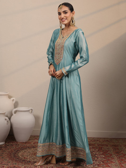 Blue Embroidered Silk blend A-line Gown With Dupatta