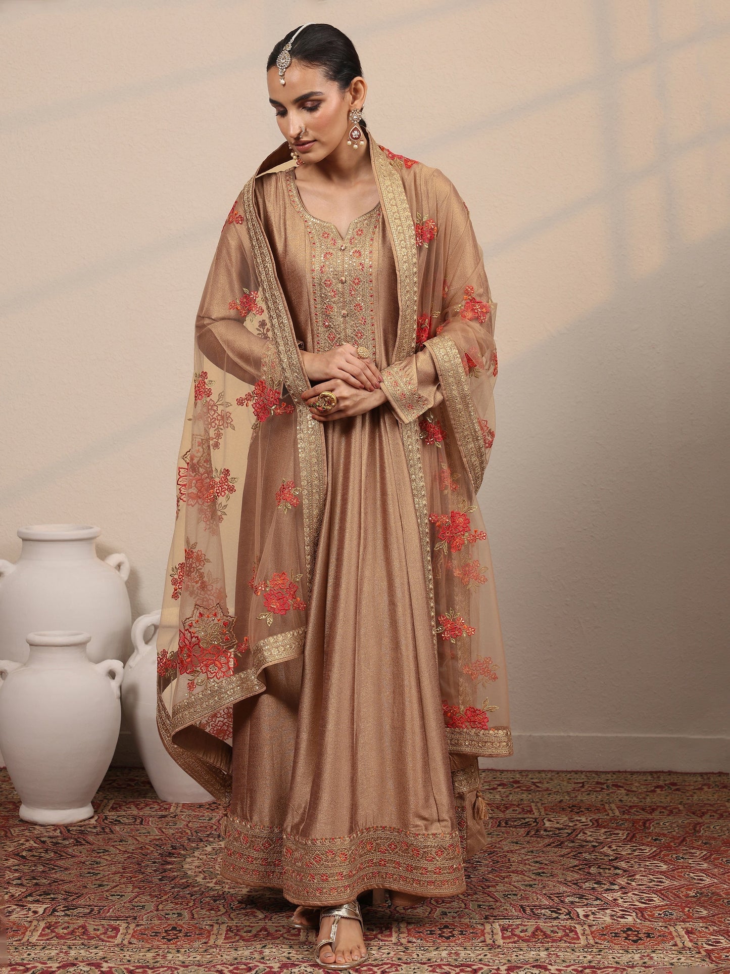 Taupe Embroidered Silk Blend A-Line Gown With Dupatta