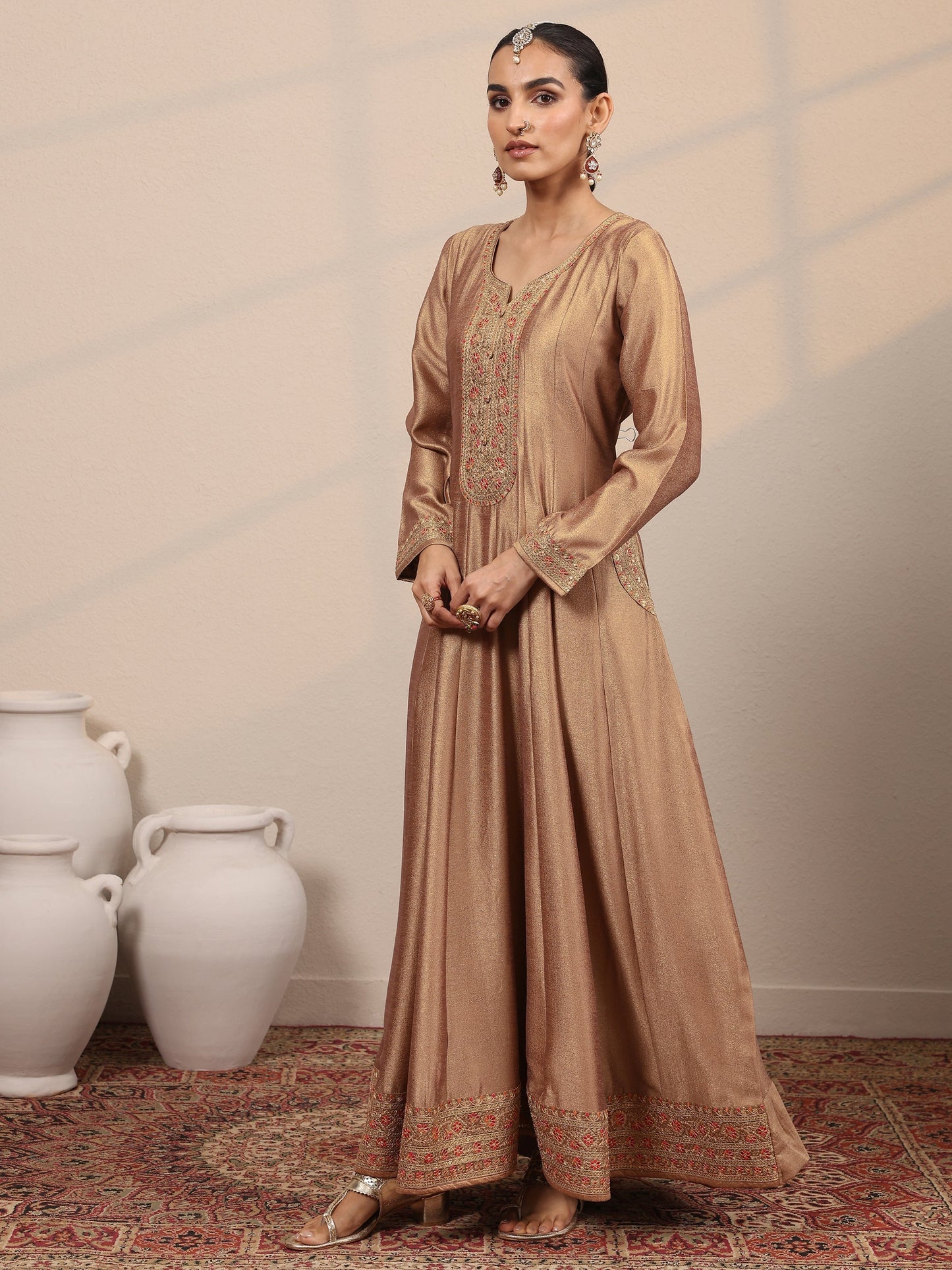 Taupe Embroidered Silk Blend A-Line Gown With Dupatta