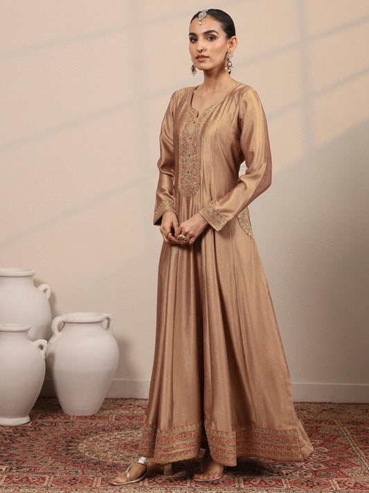 Taupe Embroidered Silk Blend A-Line Gown With Dupatta