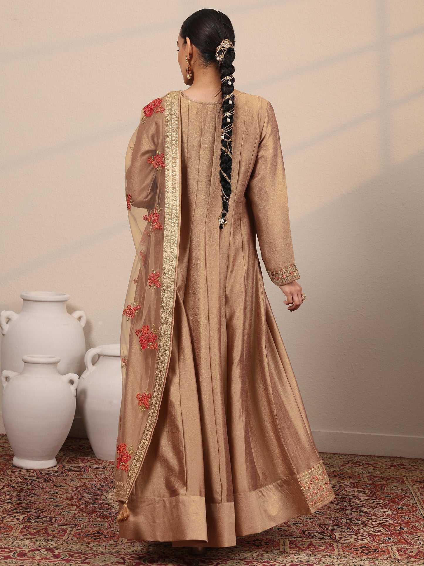 Taupe Embroidered Silk Blend A-Line Gown With Dupatta