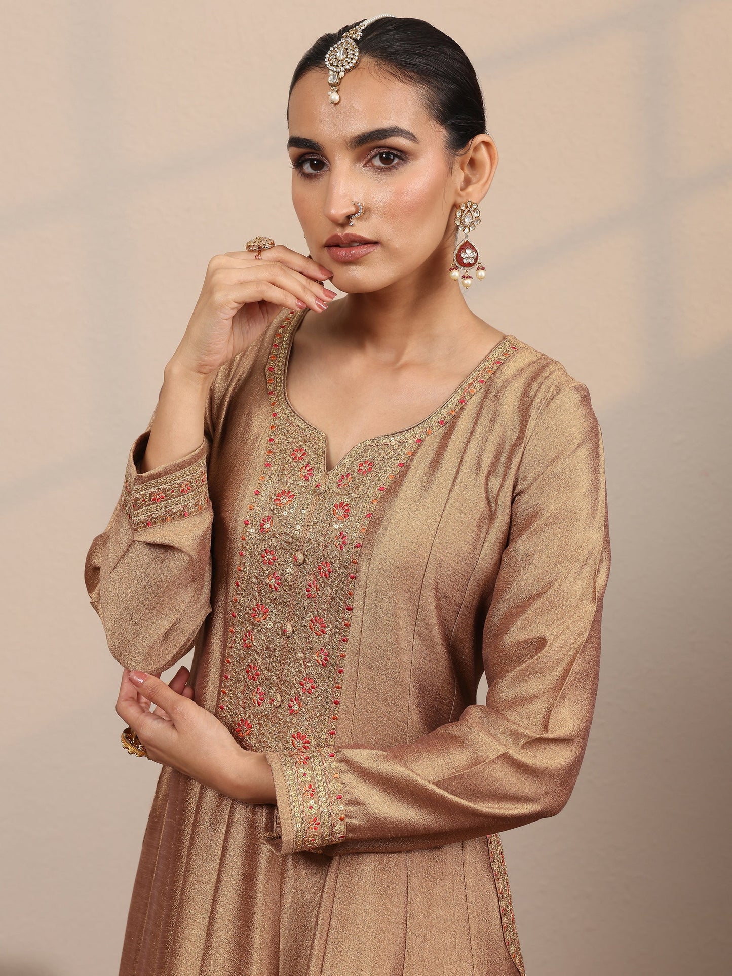 Taupe Embroidered Silk Blend A-Line Gown With Dupatta