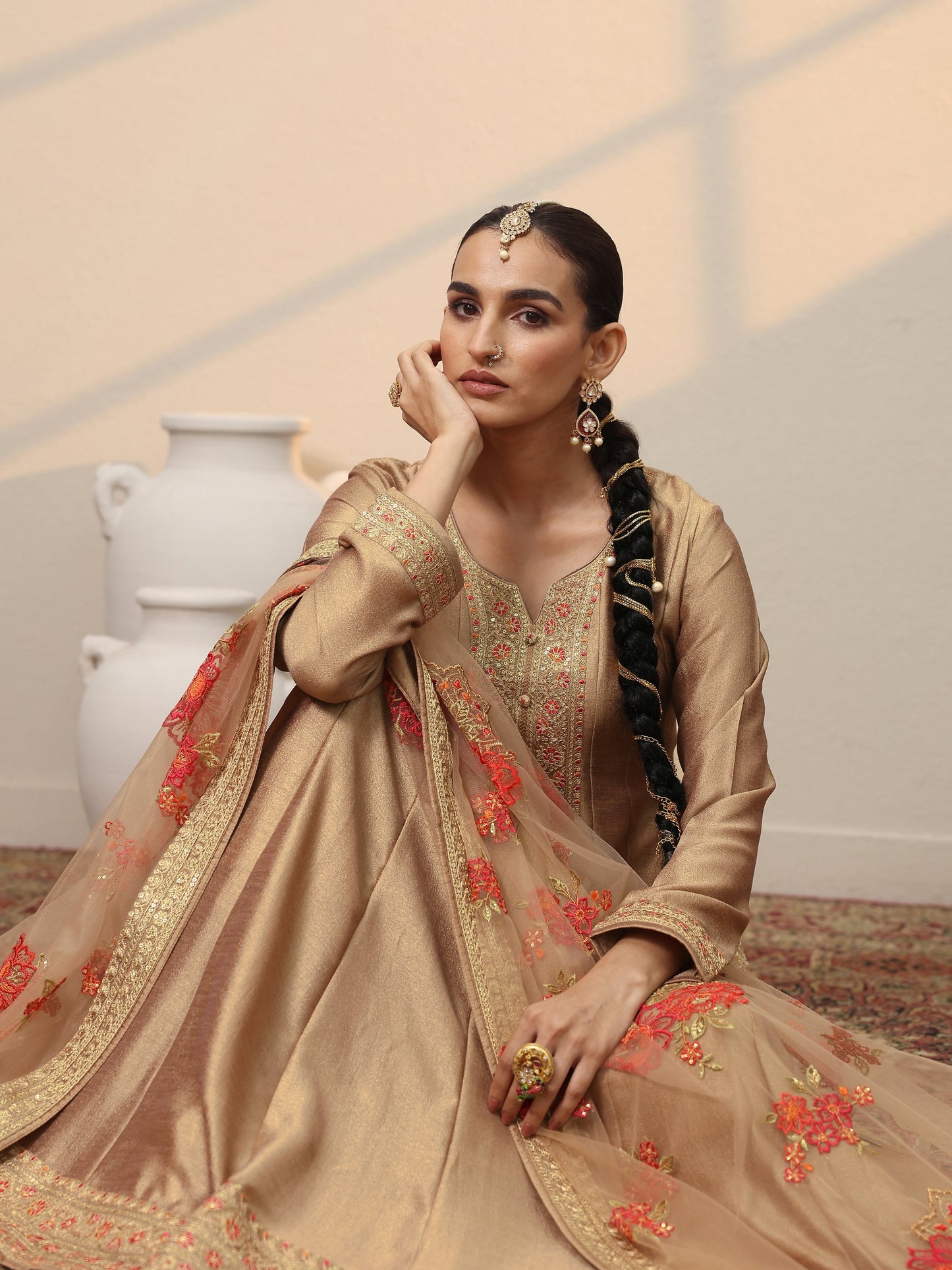 Taupe Embroidered Silk Blend A-Line Gown With Dupatta