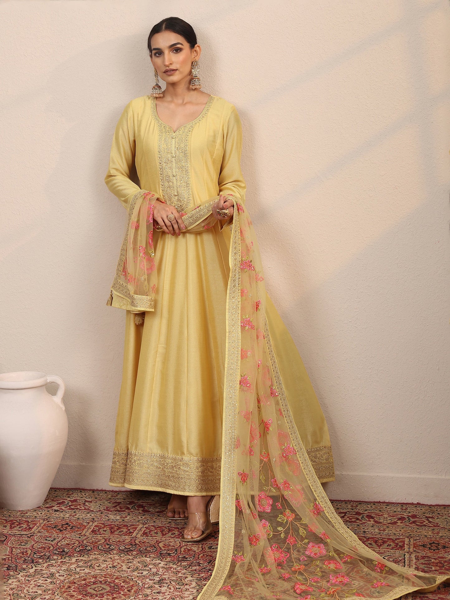 Yellow Embroidered Silk Blend A-Line Gown With Dupatta