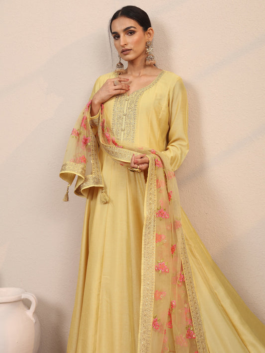 Yellow Embroidered Silk Blend A-Line Gown With Dupatta