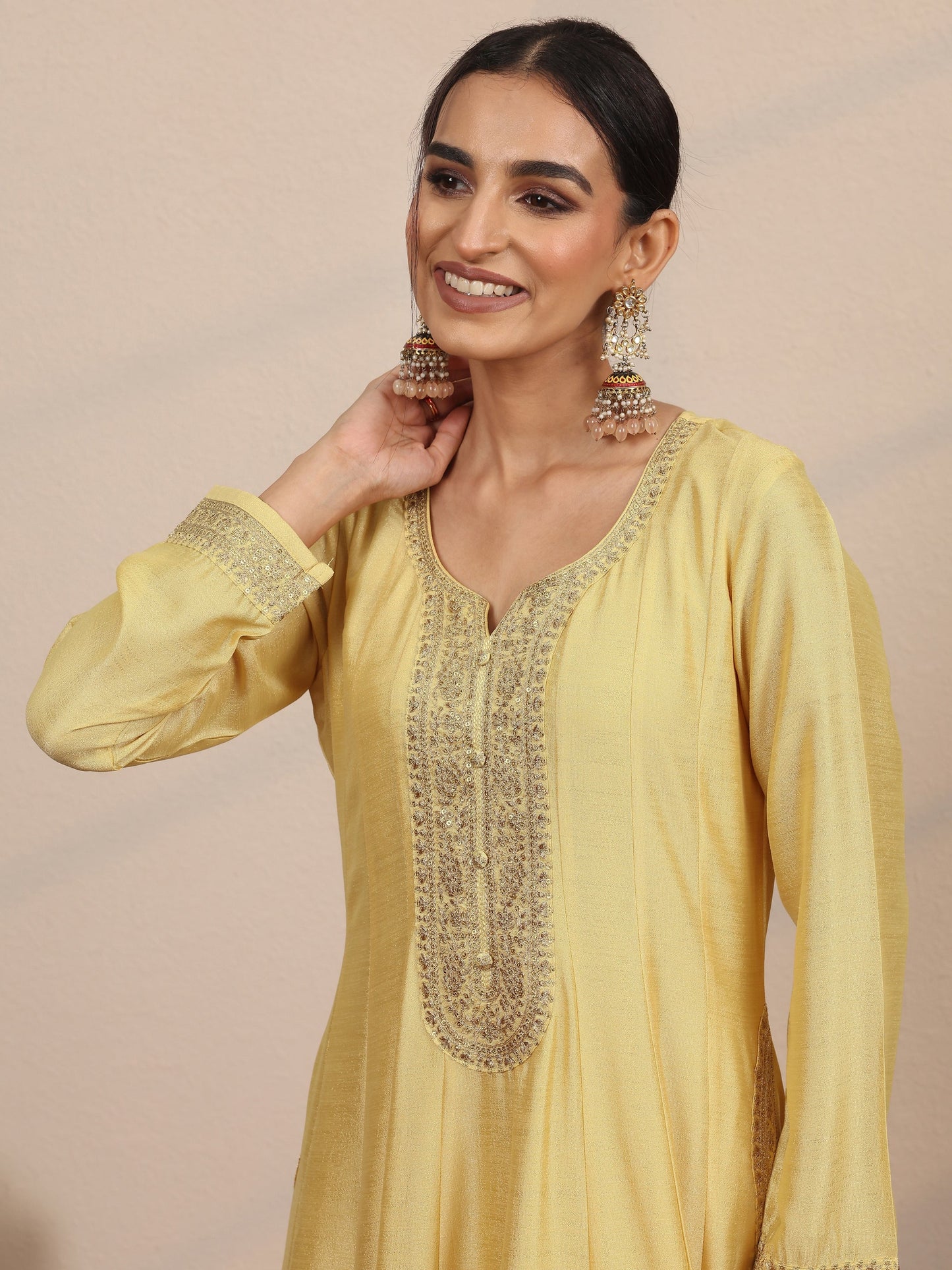 Yellow Embroidered Silk Blend A-Line Gown With Dupatta
