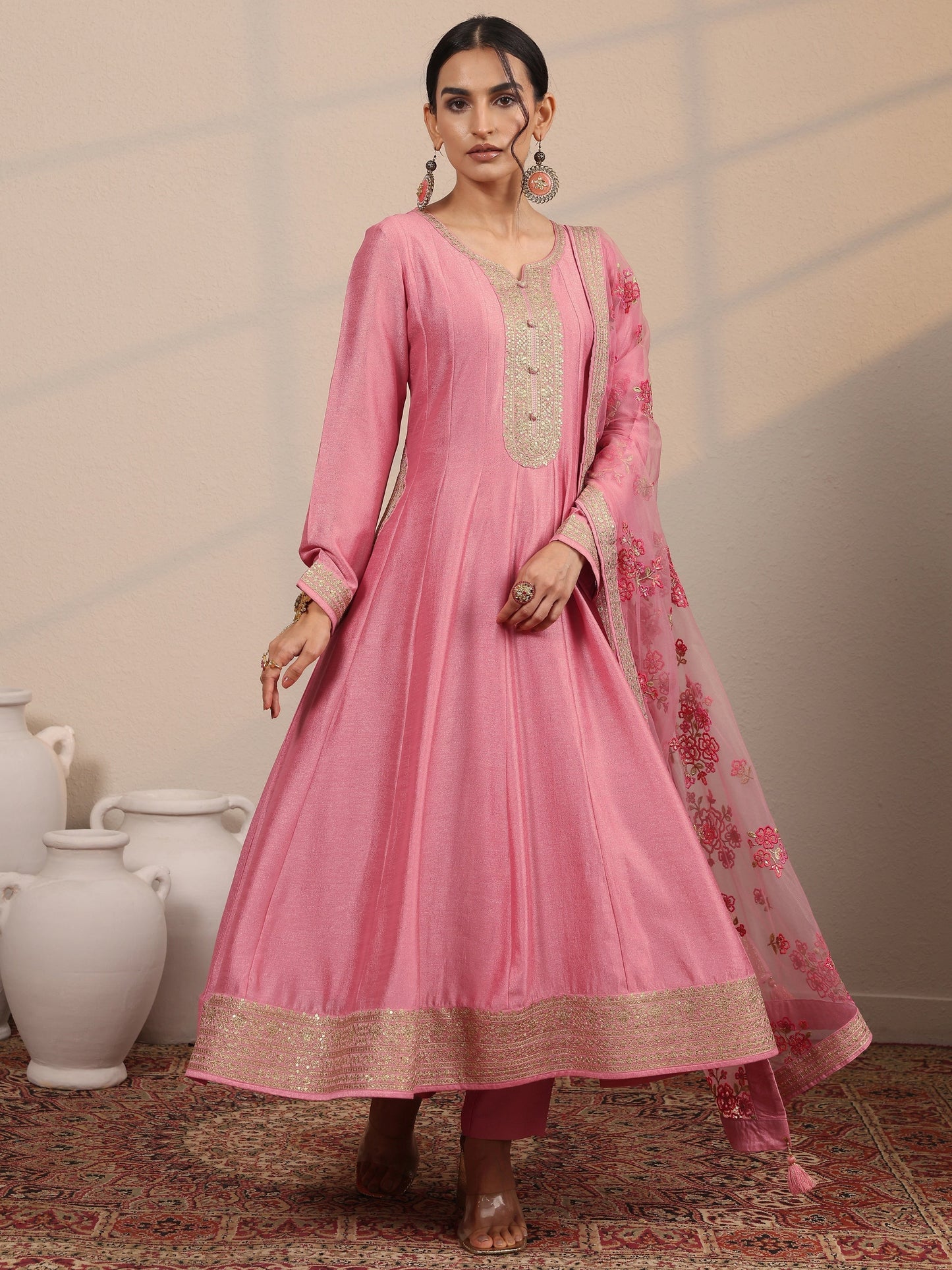 Pink Embroidered Silk Blend A-Line Gown With Dupatta