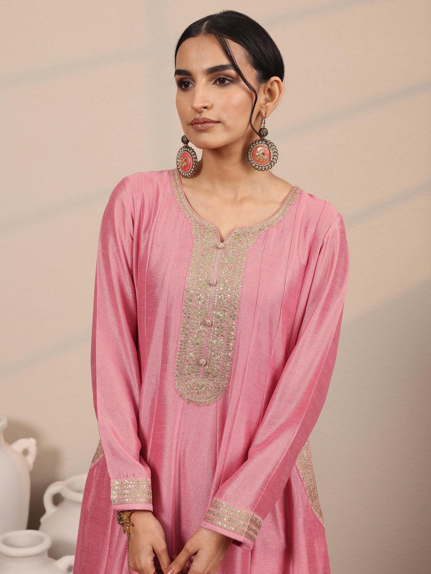 Pink Embroidered Silk Blend A-Line Gown With Dupatta
