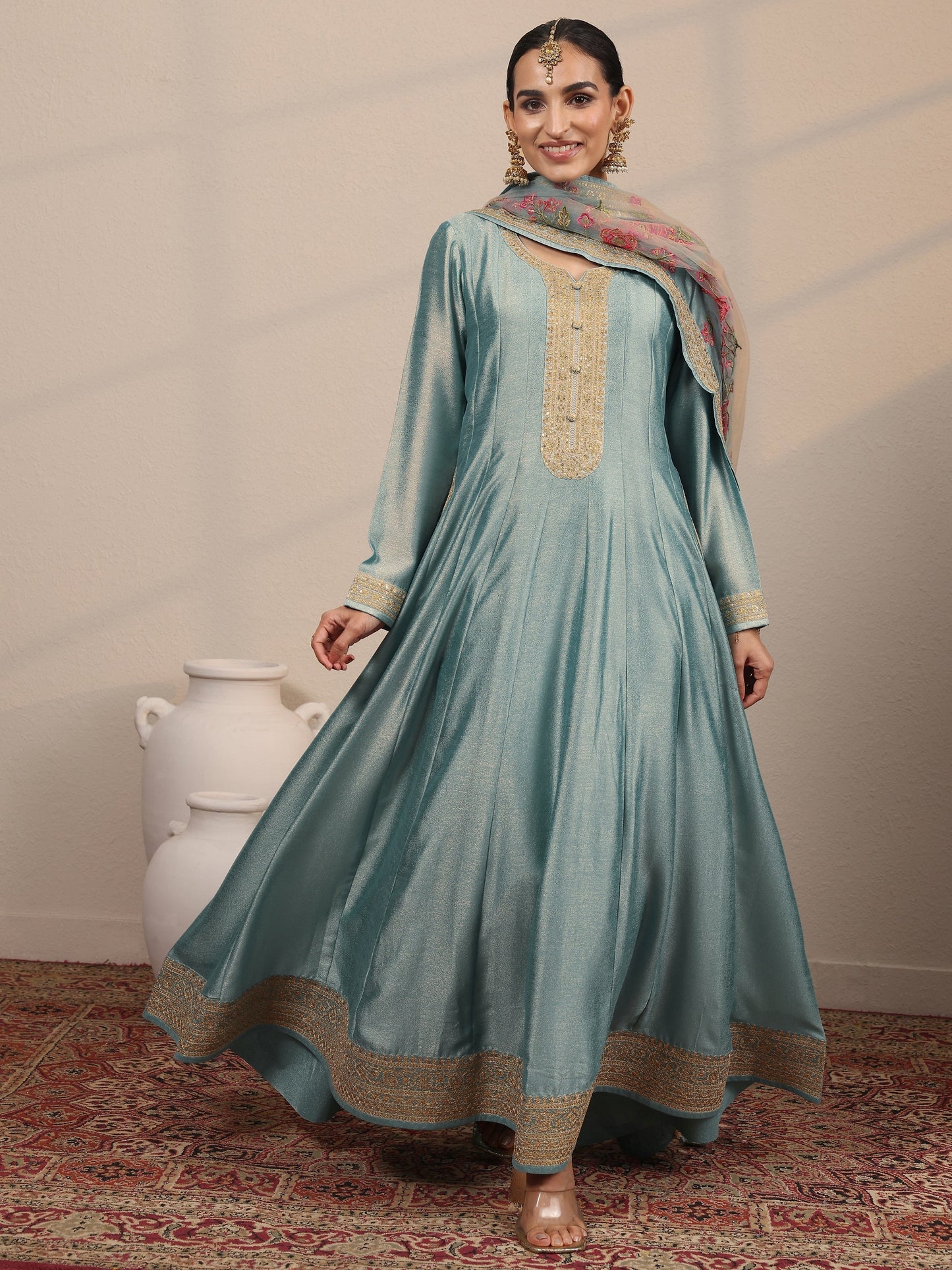 Blue Embroidered Silk Blend A-Line Gown With Dupatta