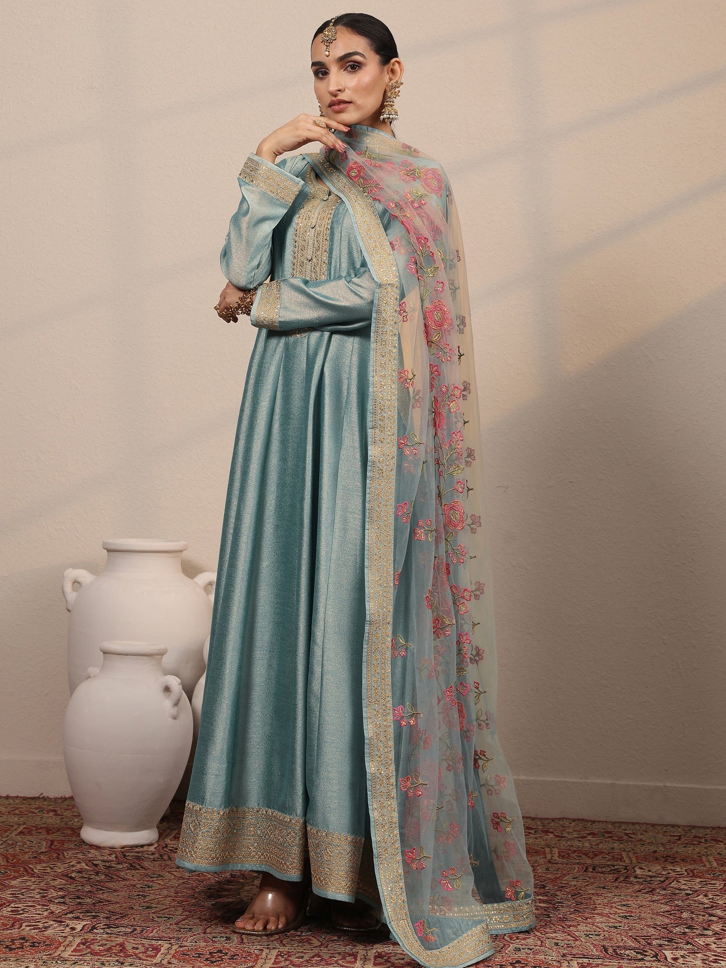 Blue Embroidered Silk Blend A-Line Gown With Dupatta