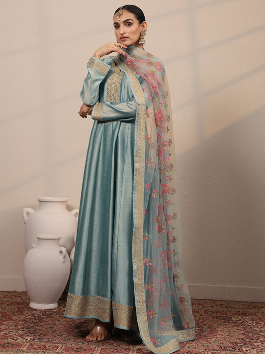 Blue Embroidered Silk Blend A-Line Gown With Dupatta
