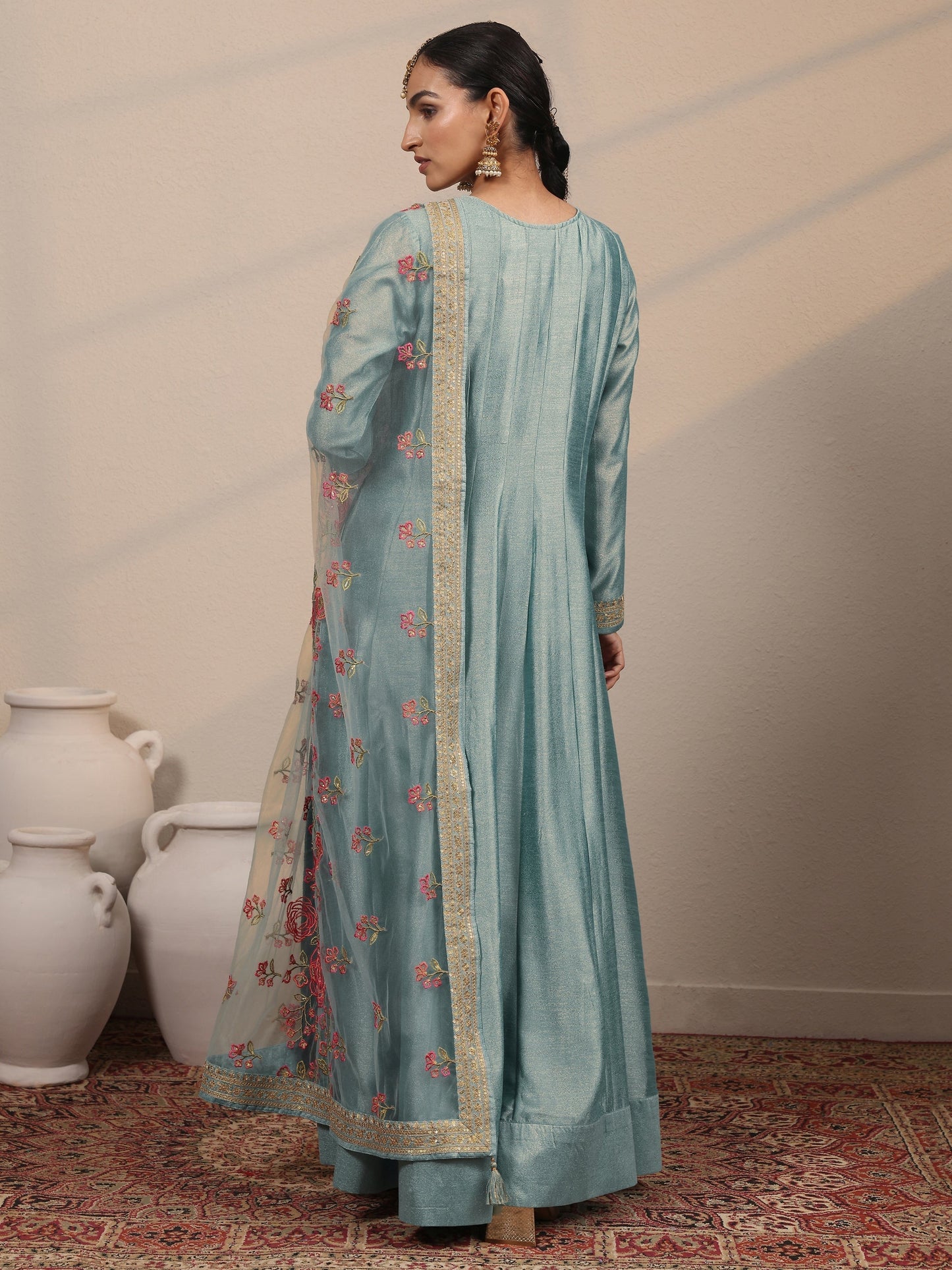 Blue Embroidered Silk Blend A-Line Gown With Dupatta