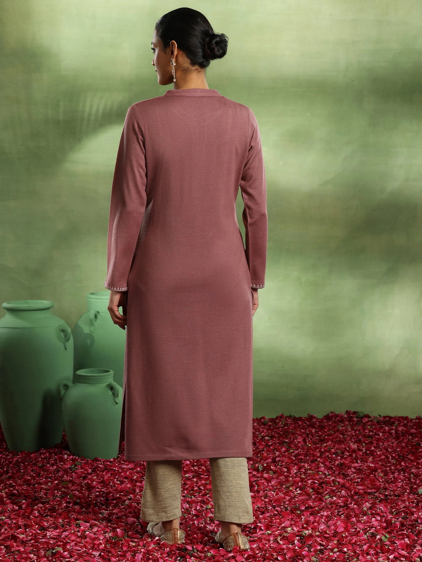 Pink Yoke Design Wool Straight Kurta