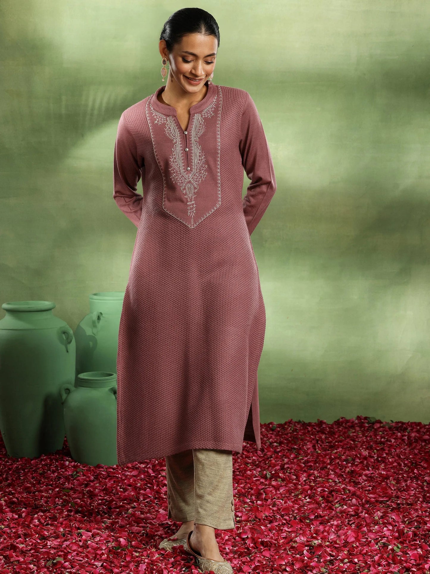 Pink Yoke Design Wool Straight Kurta