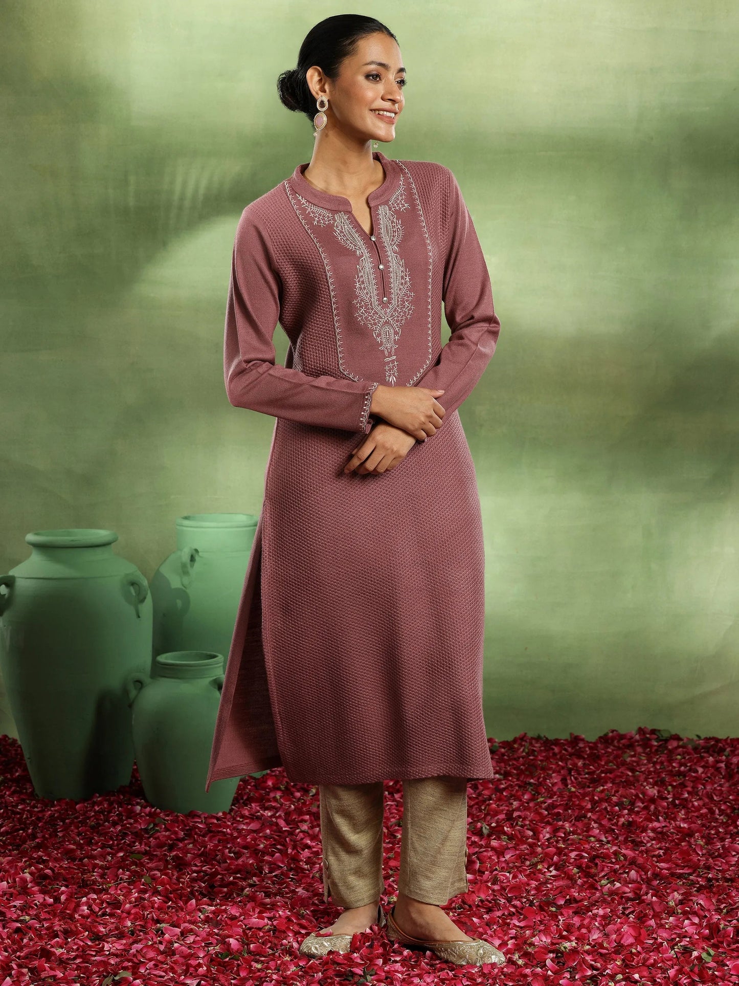 Pink Yoke Design Wool Straight Kurta