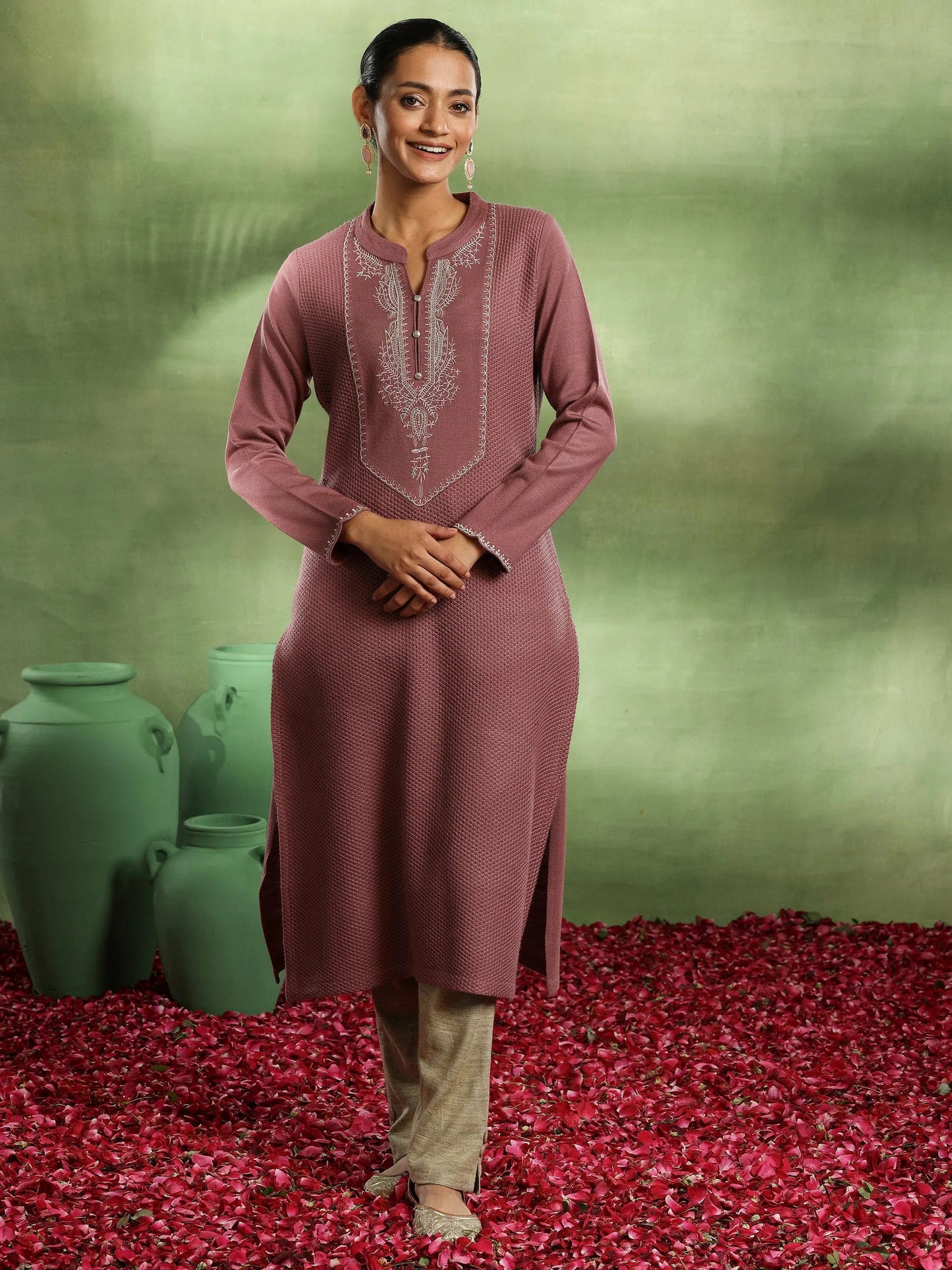 Pink Yoke Design Wool Straight Kurta