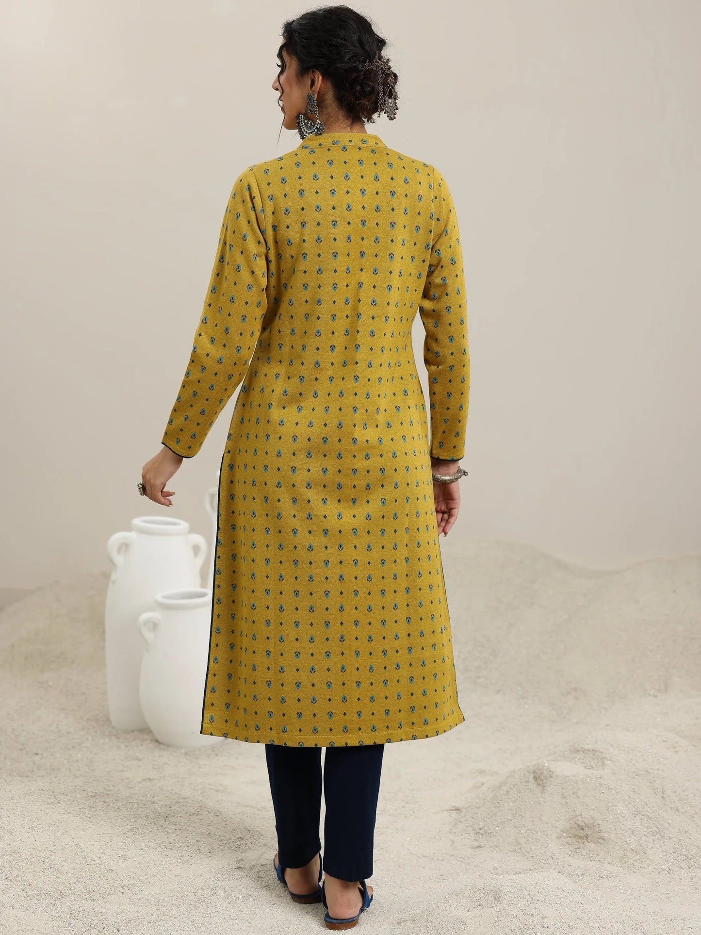 Mustard Woven Design Wool Straight Kurta