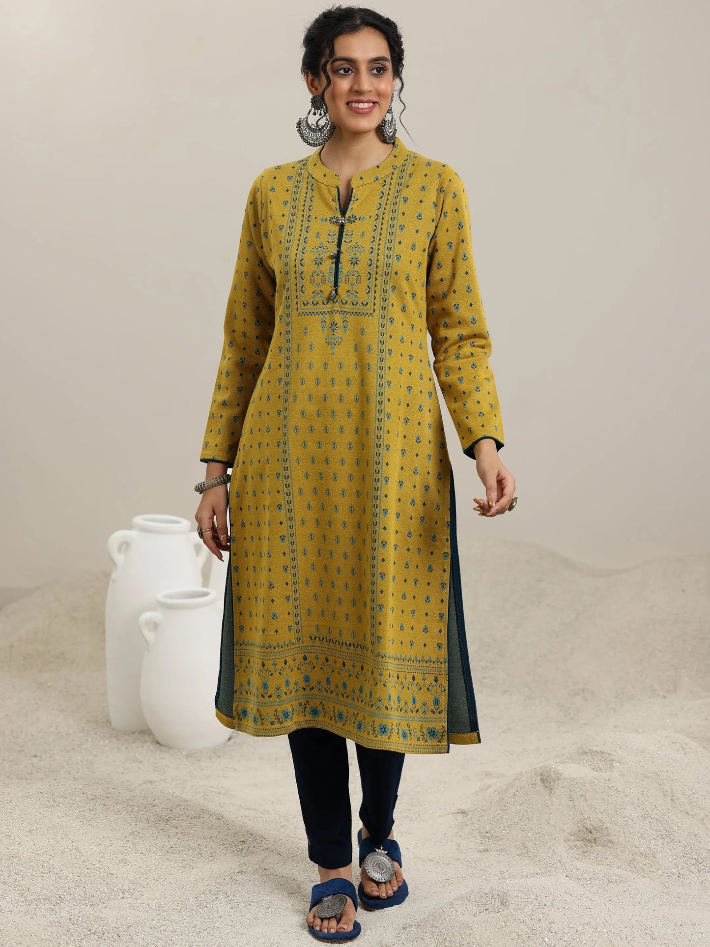Mustard Woven Design Wool Straight Kurta