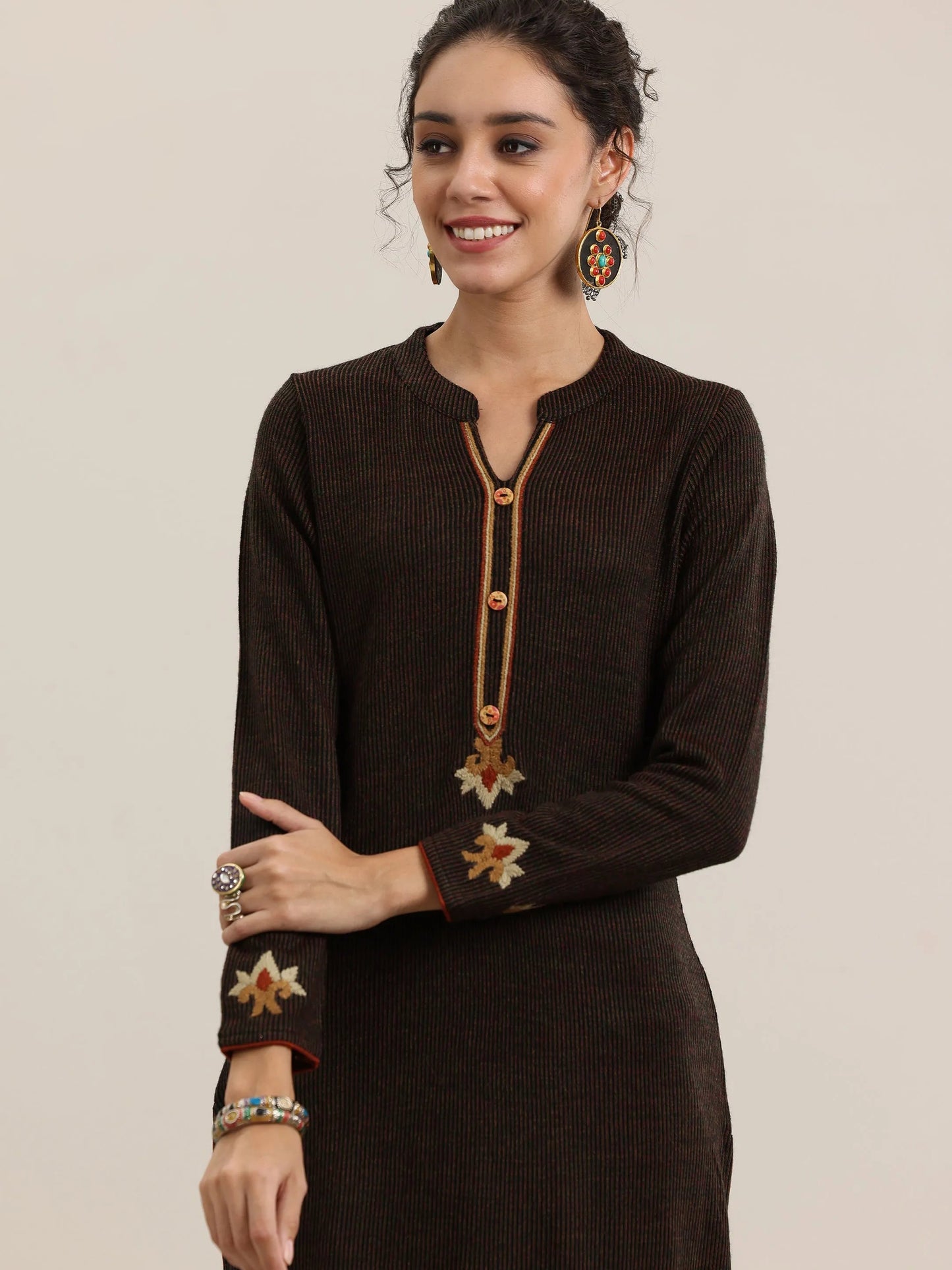 Black Embroidered Wool Straight Kurta