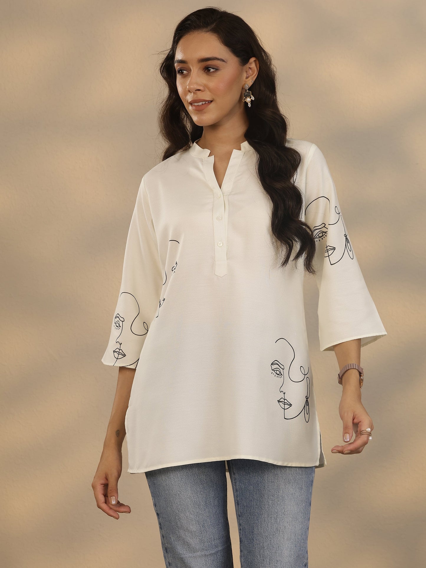 White Printed Rayon Straight Short Kurti