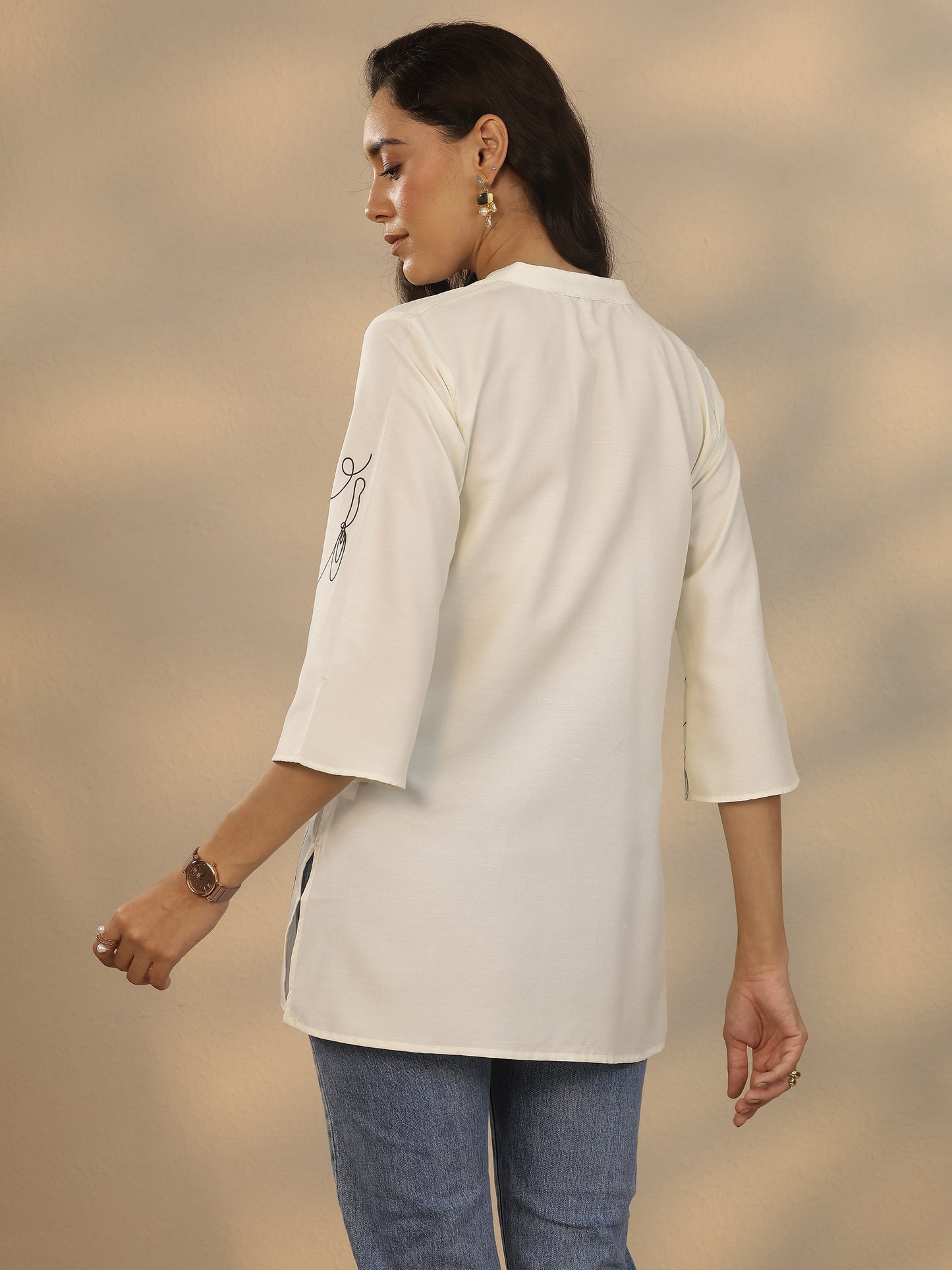 White Printed Rayon Straight Short Kurti