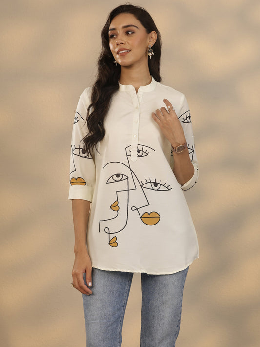 White Printed Rayon Straight Short Kurti