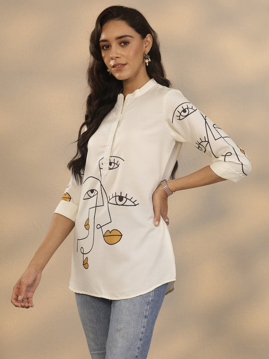 White Printed Rayon Straight Short Kurti