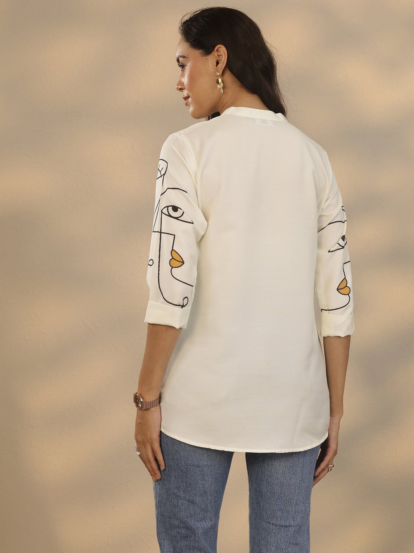 White Printed Rayon Straight Short Kurti