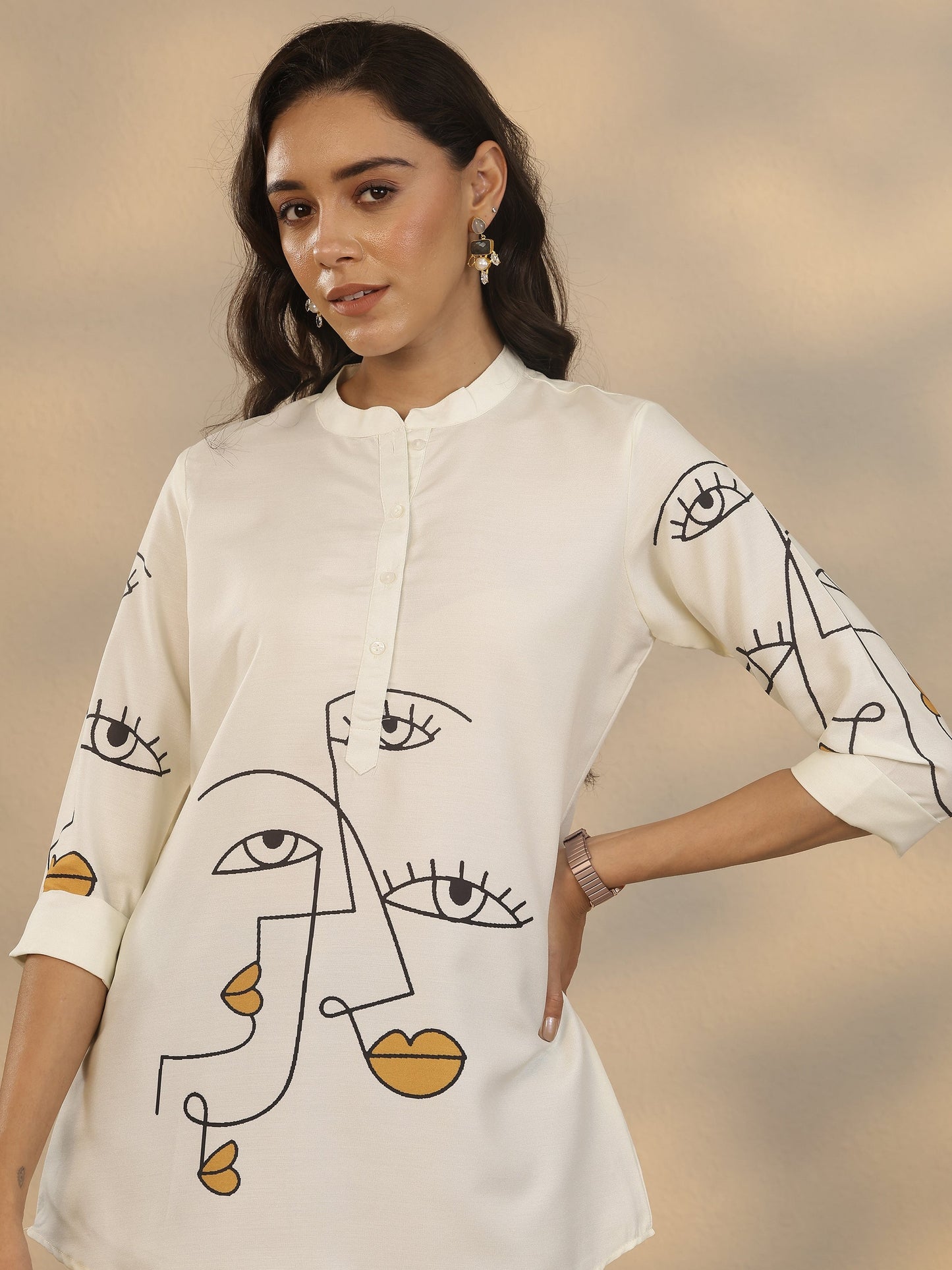 White Printed Rayon Straight Short Kurti