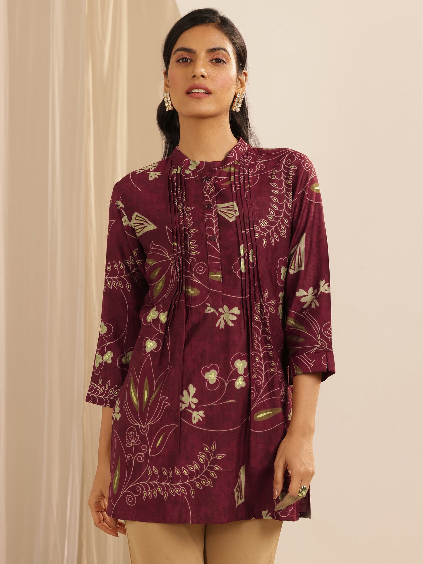 Maroon Printed Silk Blend Straight Short Kurti