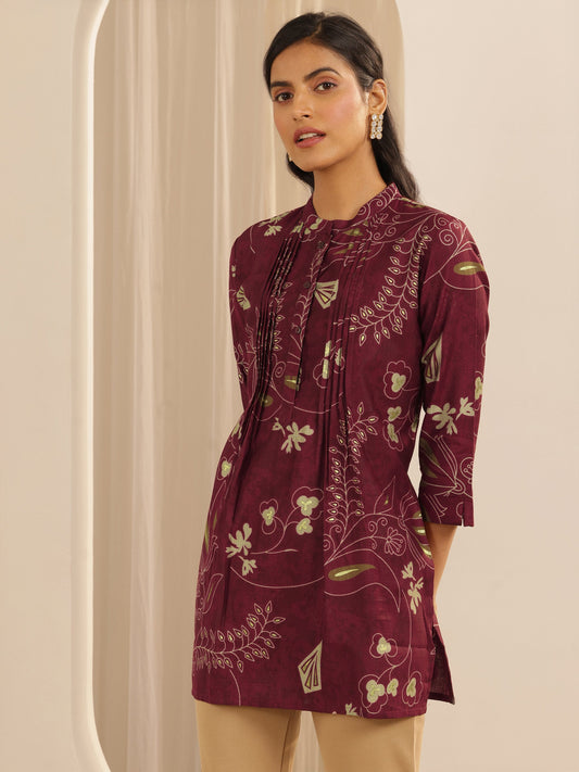 Maroon Printed Silk Blend Straight Short Kurti