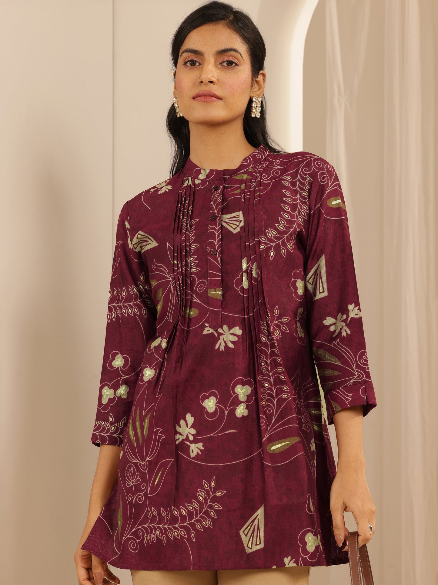Maroon Printed Silk Blend Straight Short Kurti