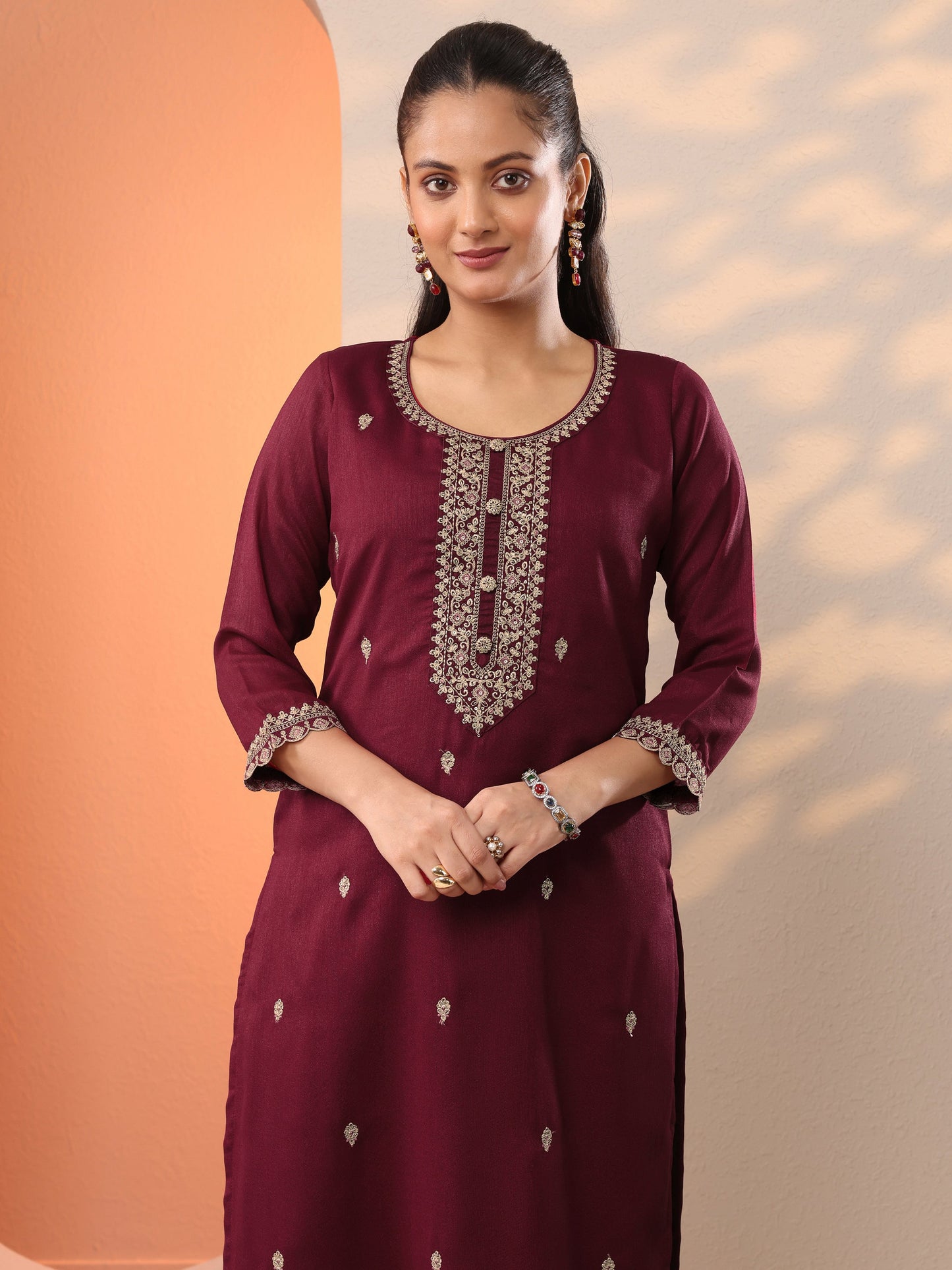 Maroon Embroidered Silk Blend Straight Kurta
