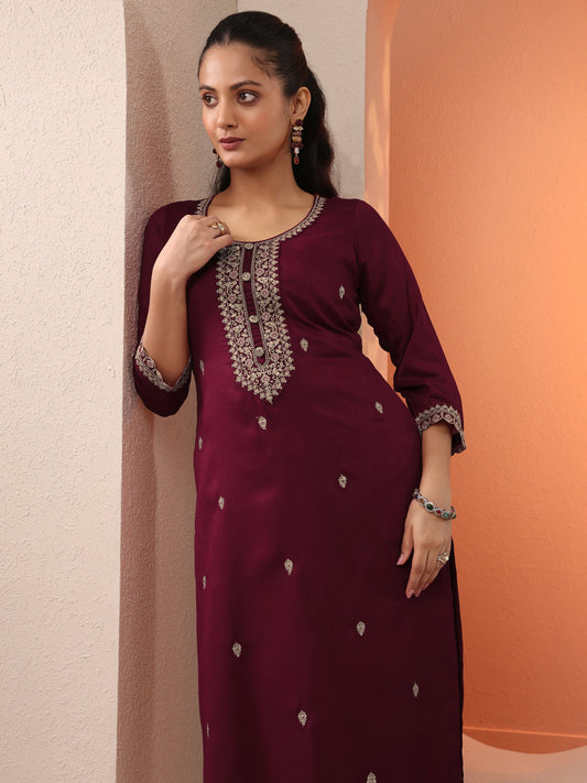 Maroon Embroidered Silk Blend Straight Kurta