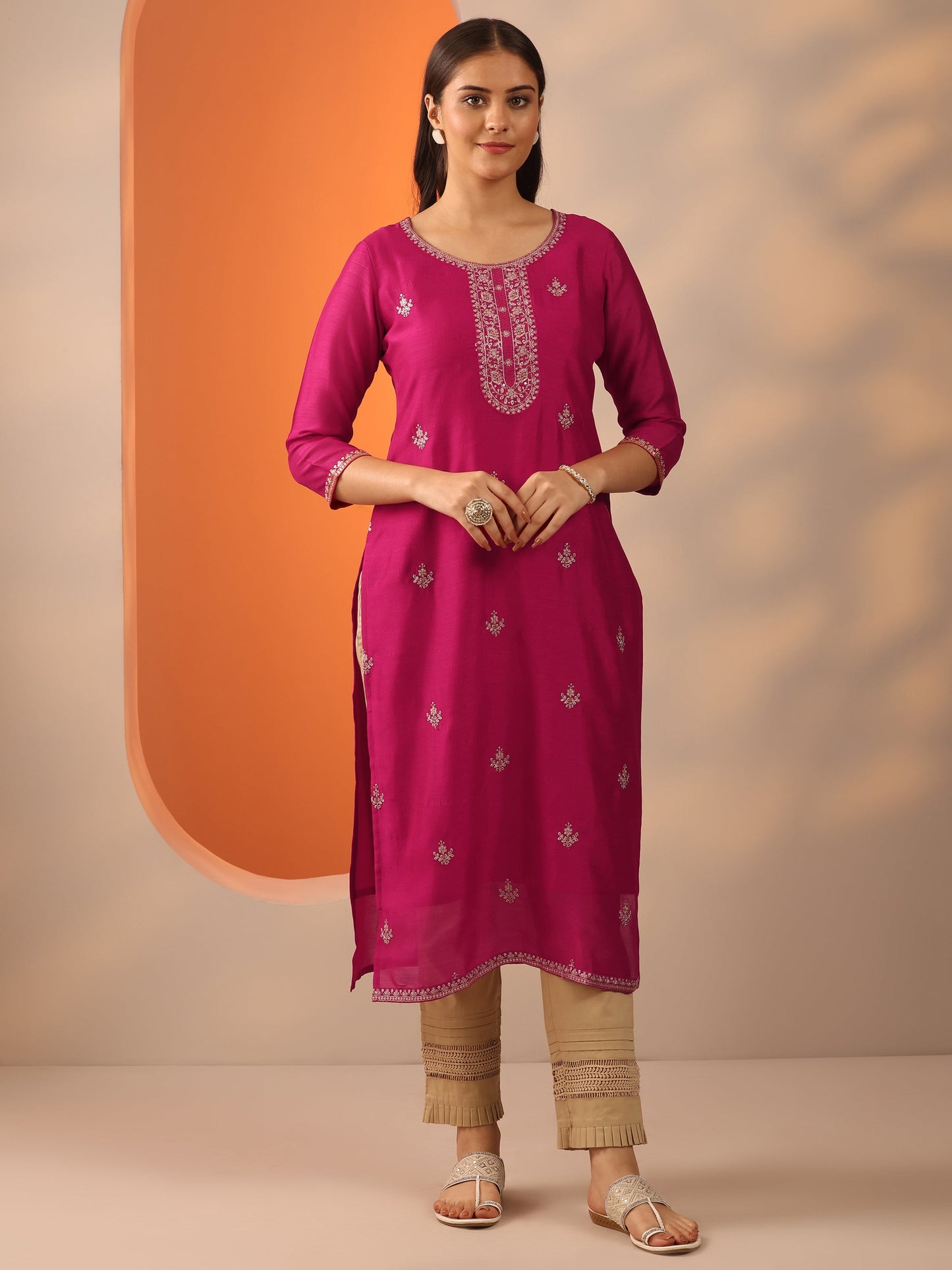 Pink Embroidered Silk Blend Straight Kurta
