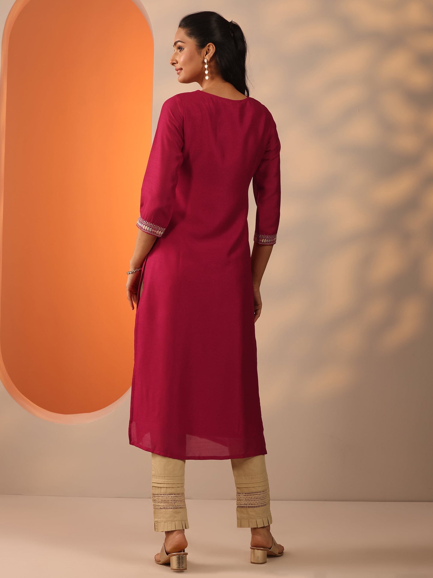 Pink Embroidered Silk Blend Straight Kurta