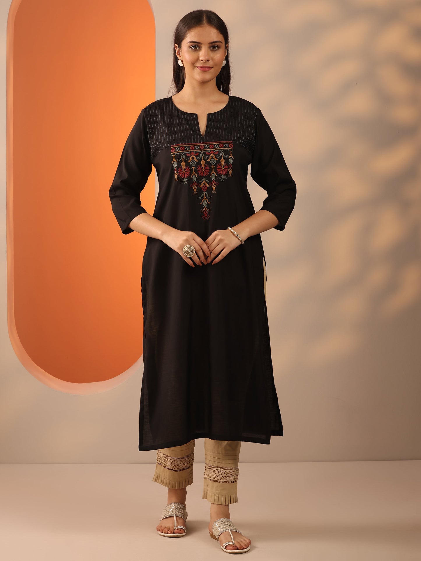 Black Embroidered Silk Blend Straight Kurta