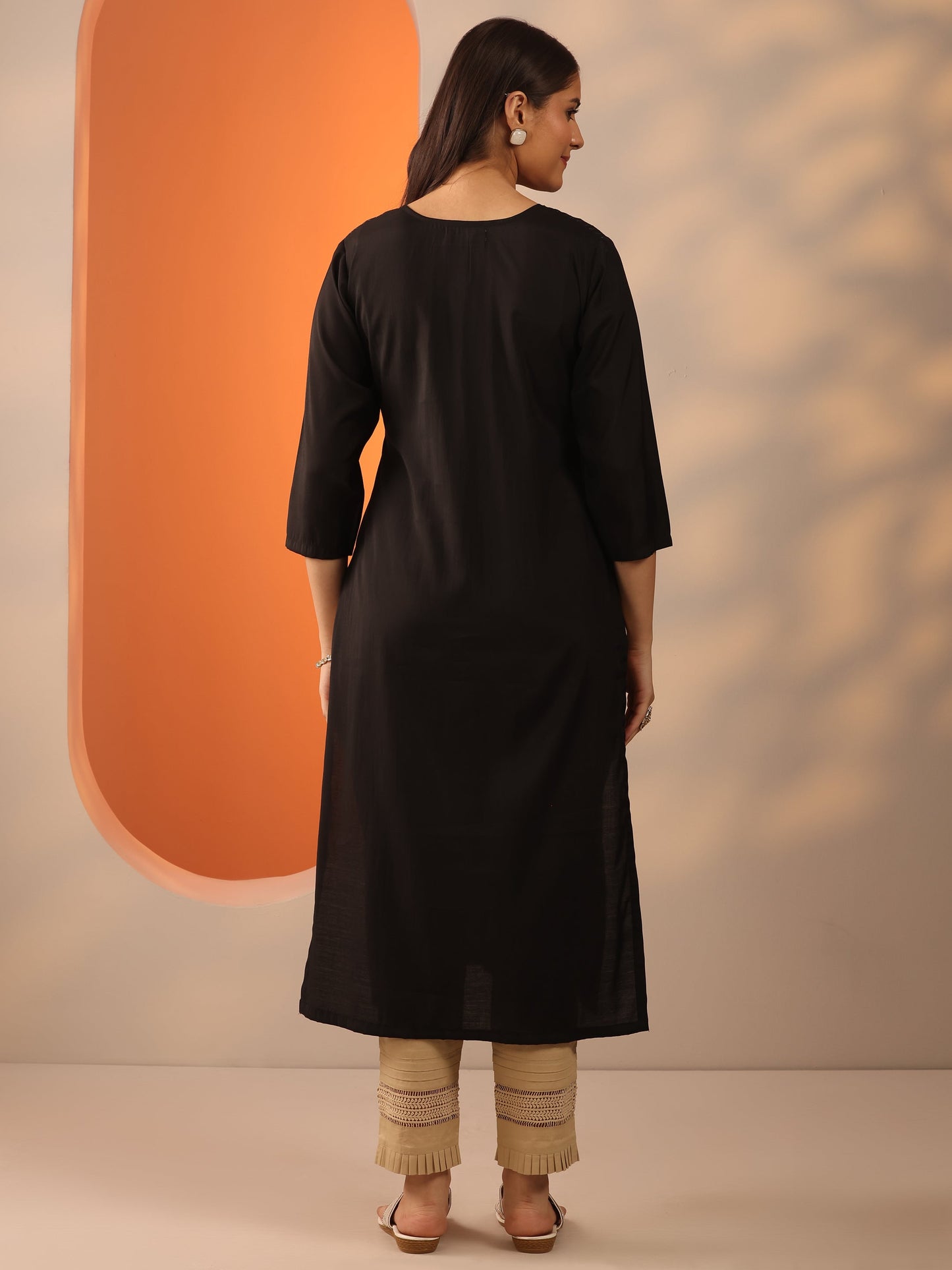 Black Embroidered Silk Blend Straight Kurta