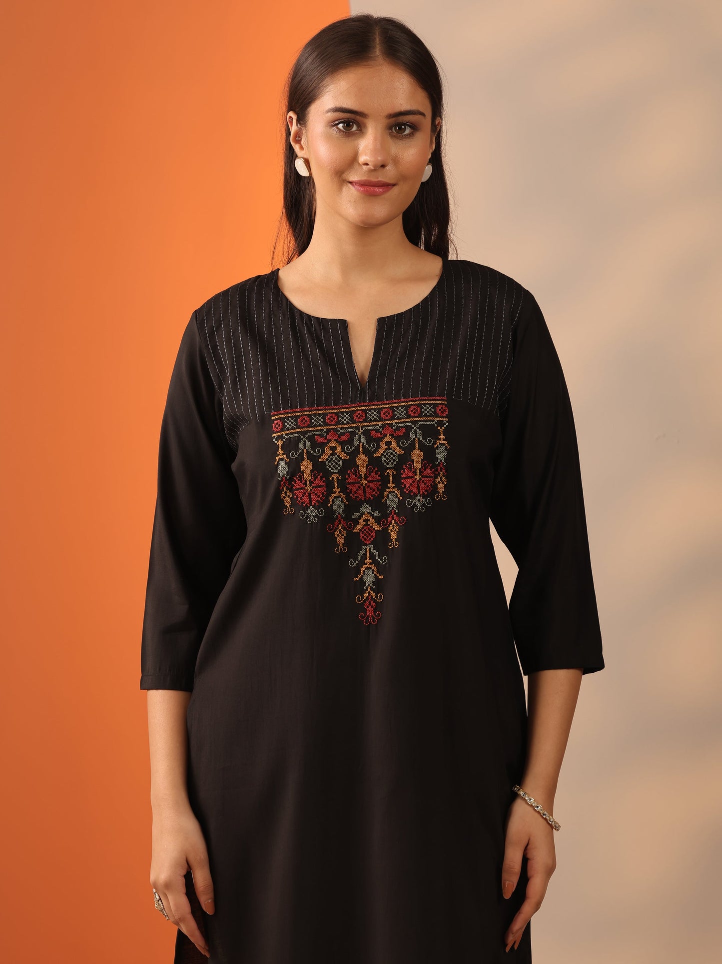 Black Embroidered Silk Blend Straight Kurta